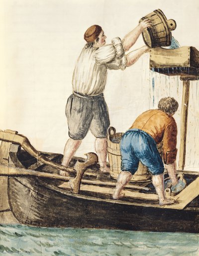 Bootmannen gieten vers water in de pijpleidingen door Jan van Grevenbroeck